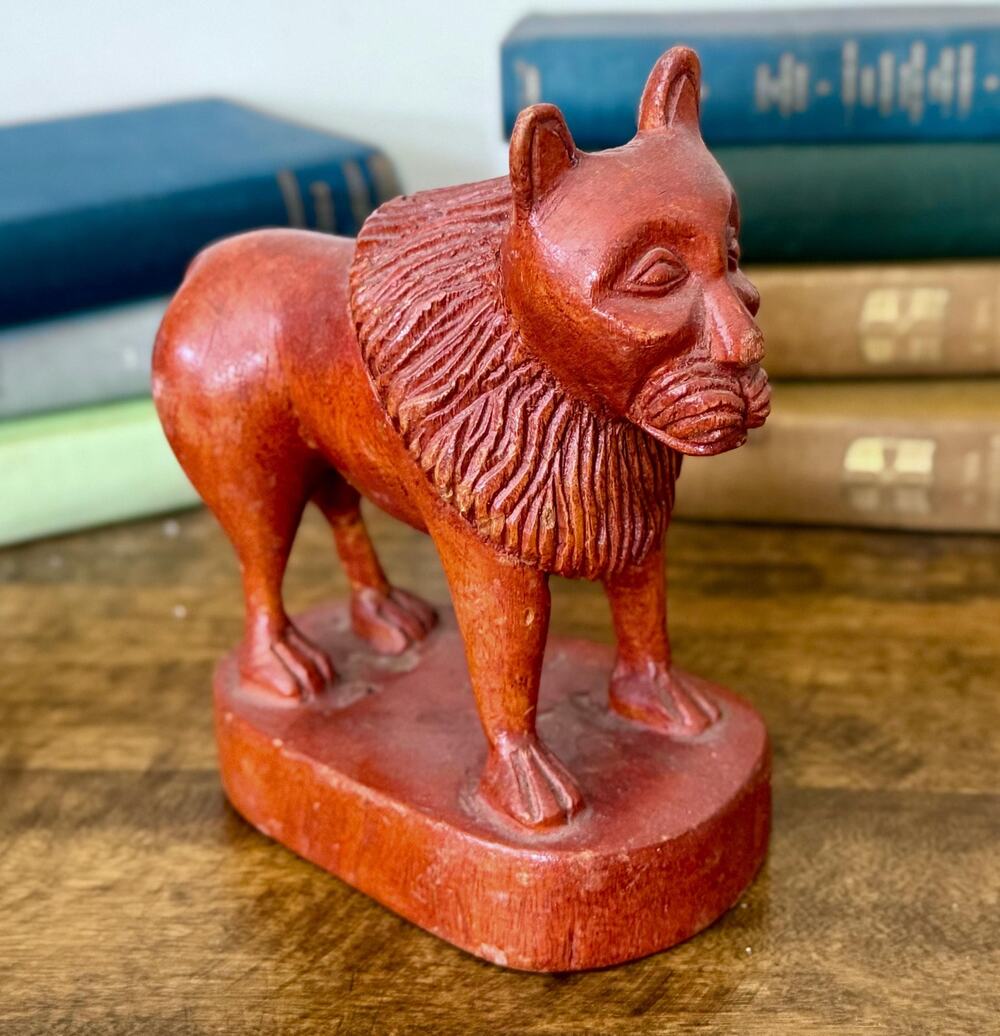 Hand Carved Hardwood Lion Figurine – Rustic Folk Art Decor